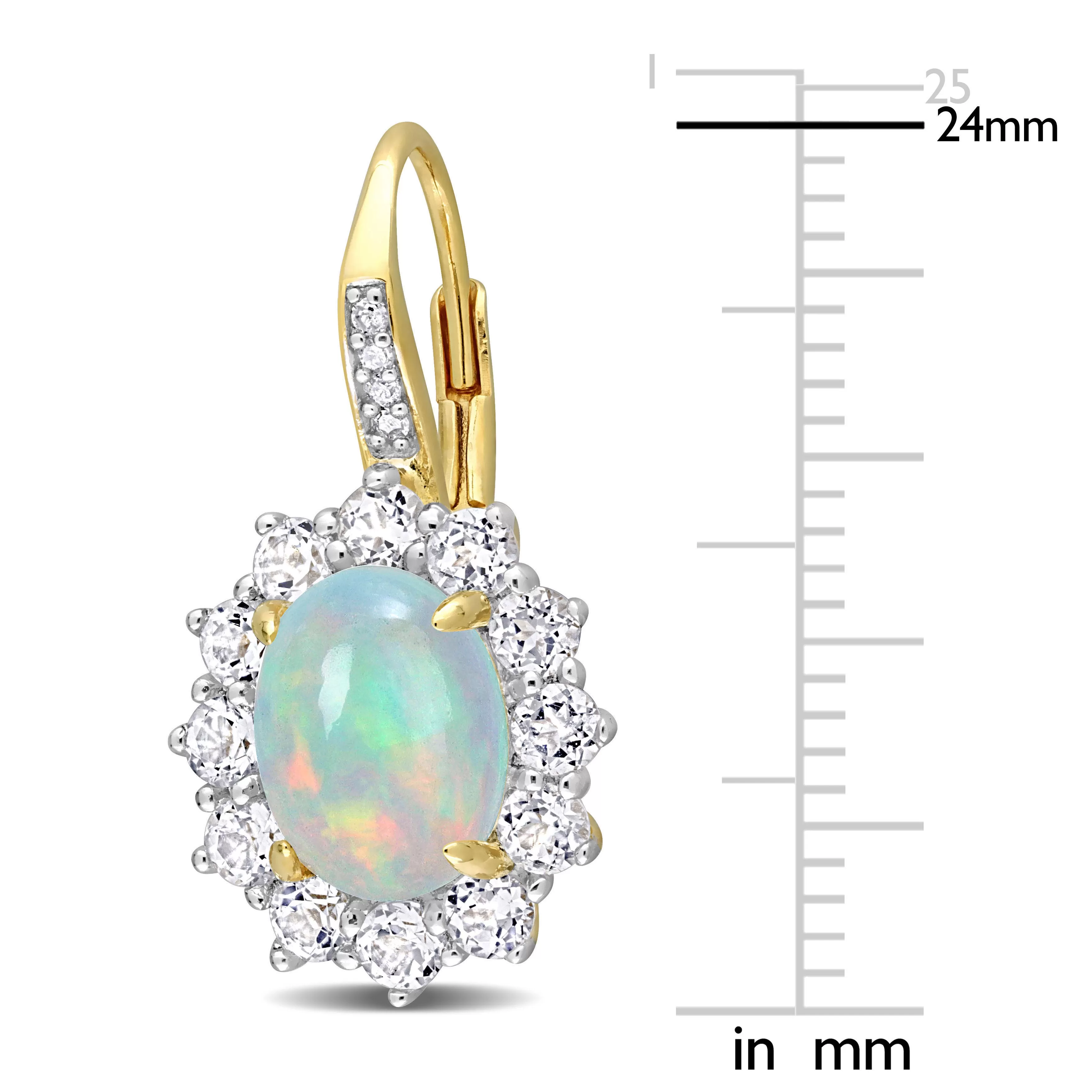 1 3/4 CT TGW Oval Shape Blue Ethiopian Opal and White Topaz and Diamond Accent Halo Leverback Earrings in Yellow Plated Sterling Silver