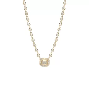 14k Emerald Cut Diamond Halo & Linked Floating Diamond Necklace