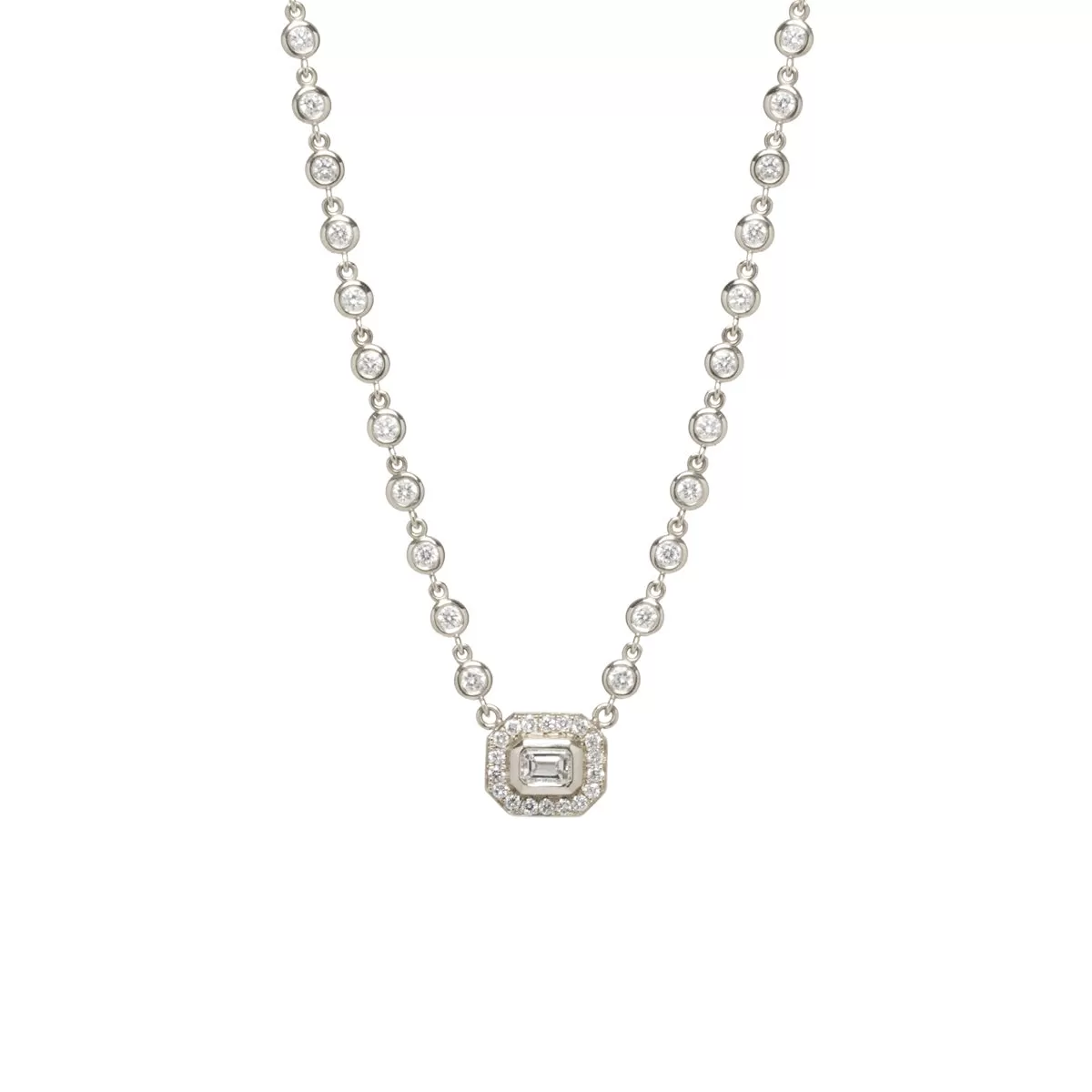 14k Emerald Cut Diamond Halo & Linked Floating Diamond Necklace