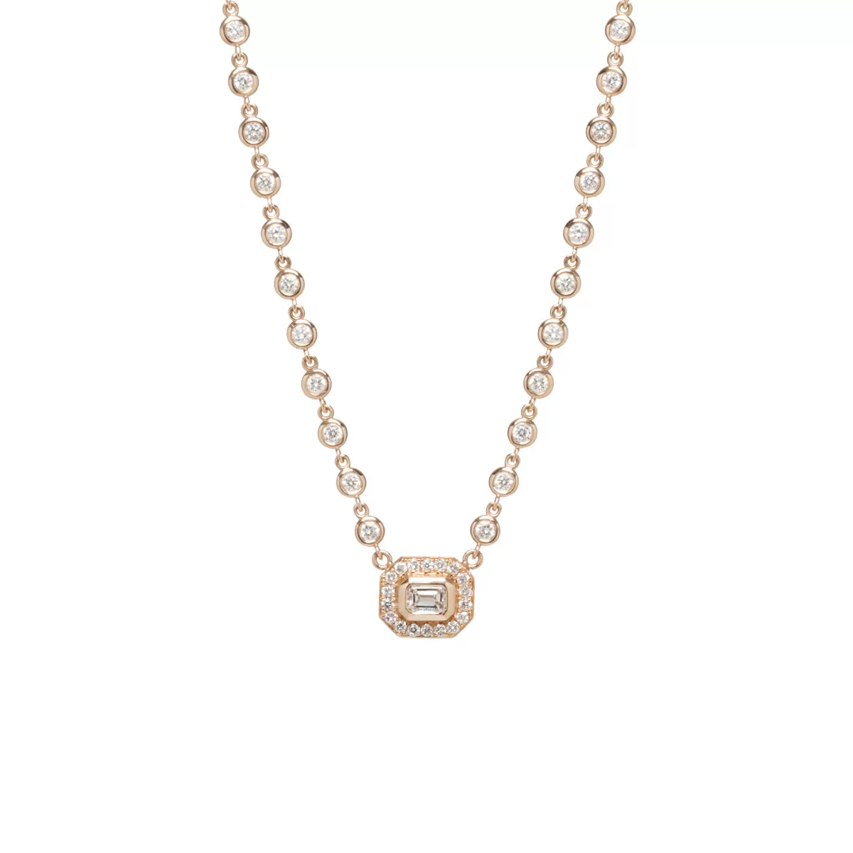 14k Emerald Cut Diamond Halo & Linked Floating Diamond Necklace