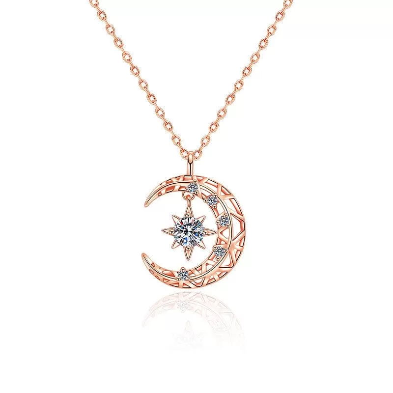 14K Rose Gold Moon Star Diamond Pendant Necklace - 925 Sterling Silver