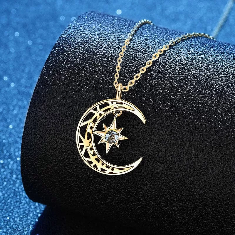 14K Rose Gold Moon Star Diamond Pendant Necklace - 925 Sterling Silver