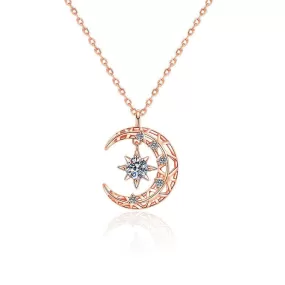 14K Rose Gold Moon Star Diamond Pendant Necklace - 925 Sterling Silver