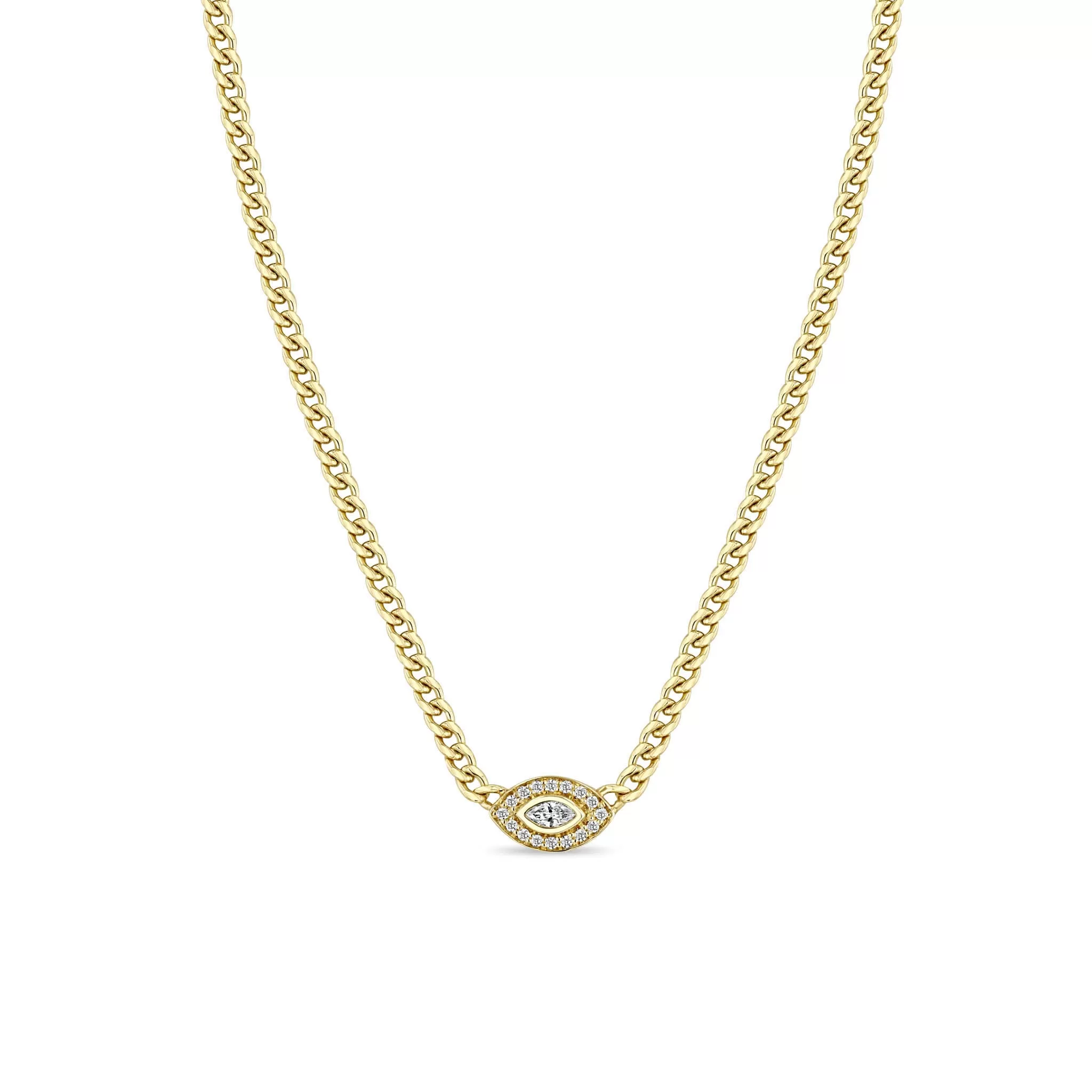 14k Small Curb Chain Marquise Diamond Halo Necklace