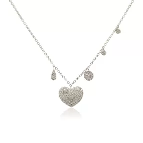 14K WHITE GOLD DIAMOND PAVE HEART DANGLE NECKLACE