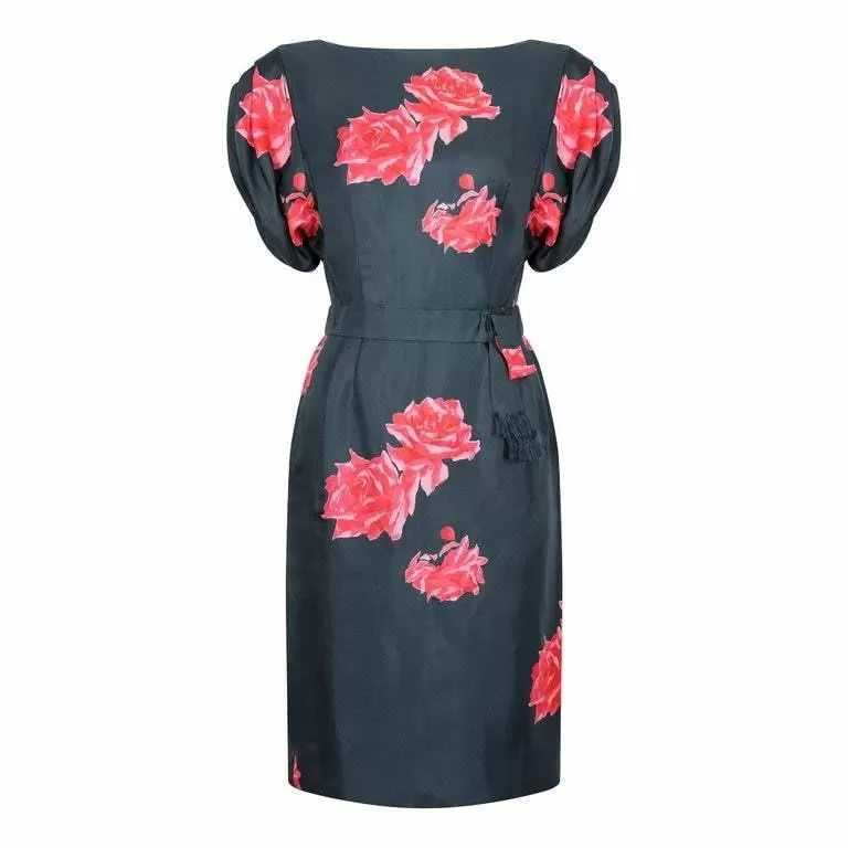 1950s Navy and Pink Silk Rose Print Dress