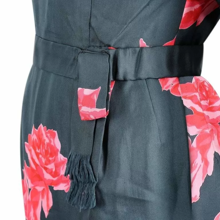 1950s Navy and Pink Silk Rose Print Dress