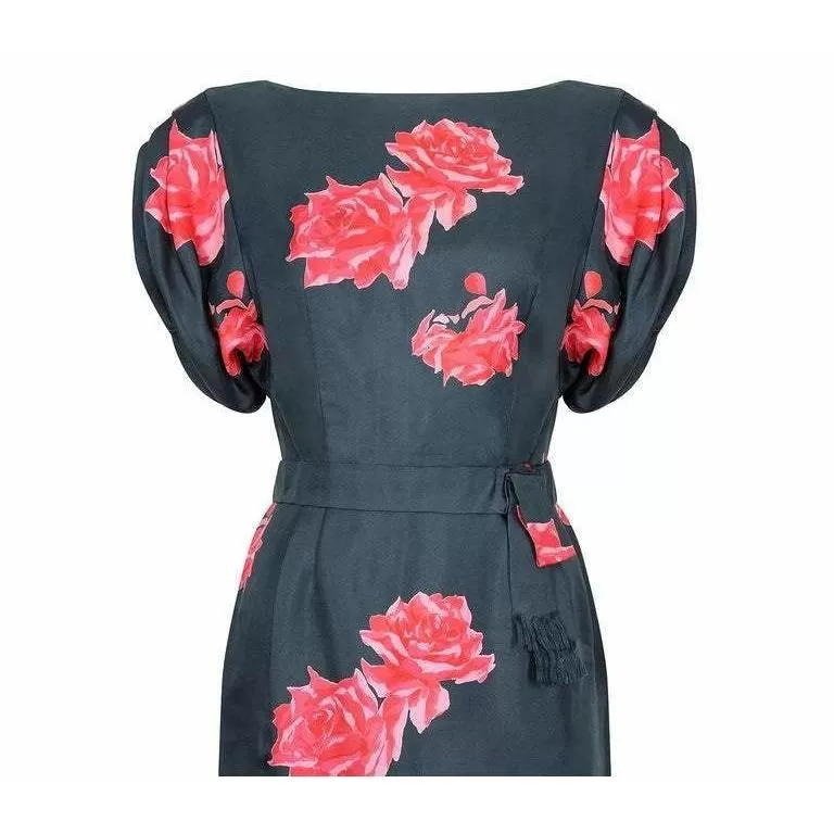 1950s Navy and Pink Silk Rose Print Dress