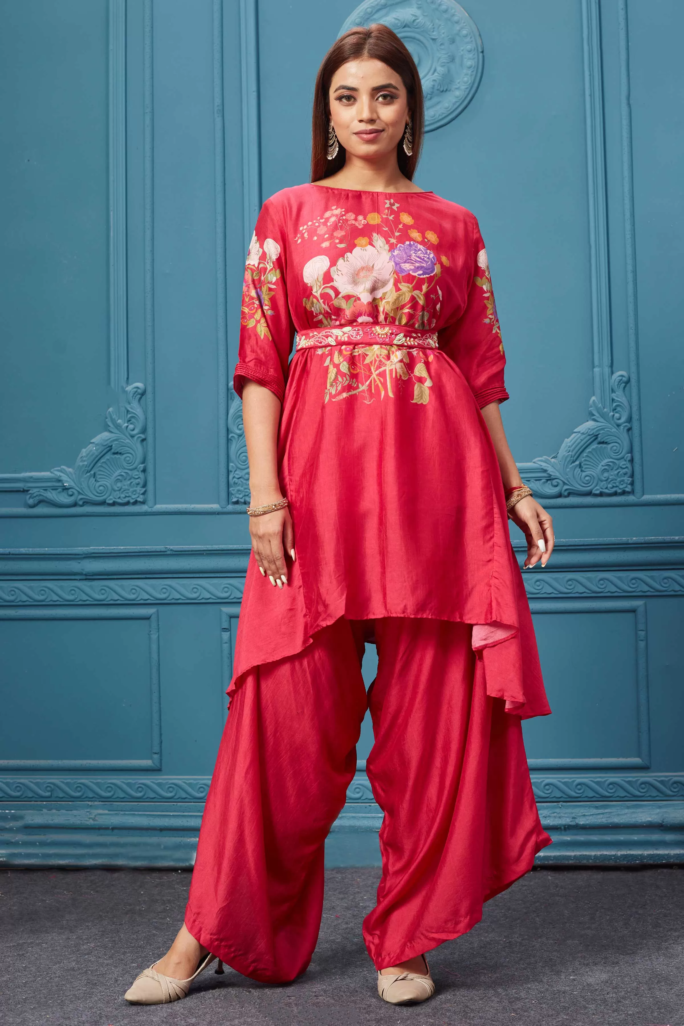 510017 Red Printed Stylish Suit Set With Belt