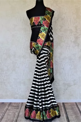 90J319-RO Black and White Striped Crepe Silk Saree with Printed Border