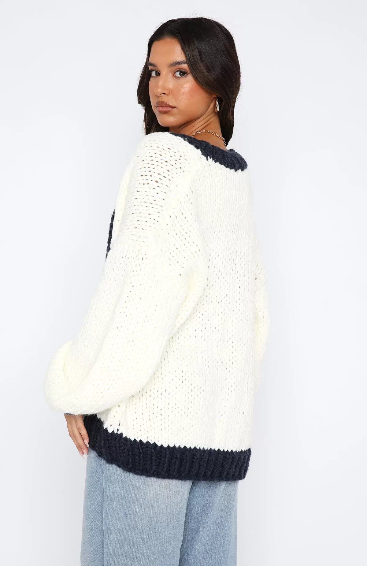 A Little Too Much Knit Cardigan Cream/Navy