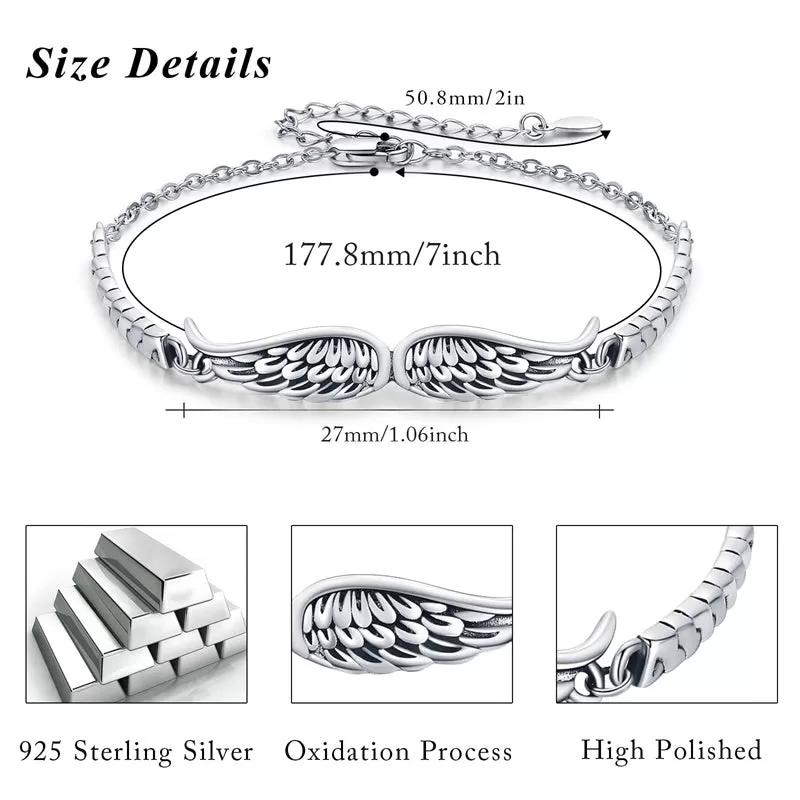 Angel Wings Bracelet Vintage Sterling Silver Bracelet for Women Men Adjustable Wings Bracelet Inspirational Guardian Angel Bangle Bracelets