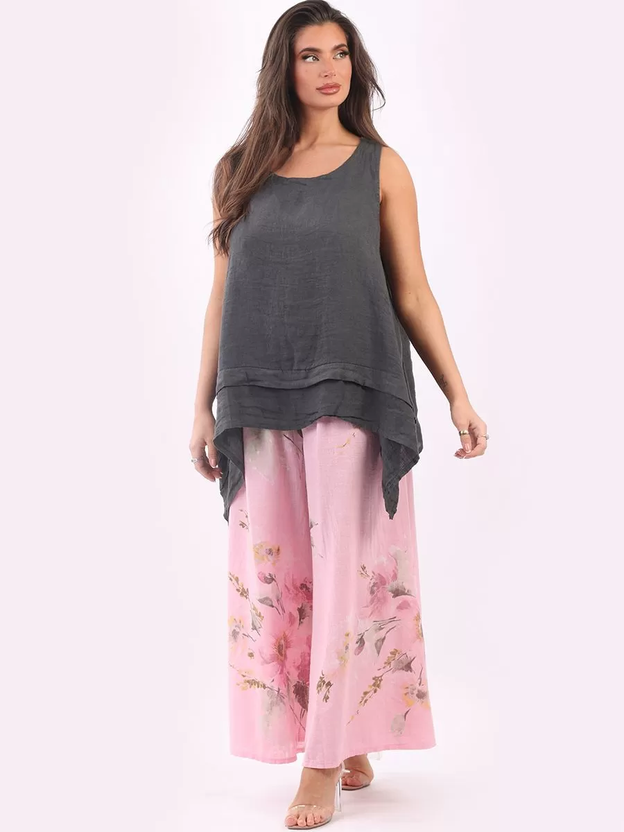 Anne   Kate Italian Floral Linen Palazzo Pants