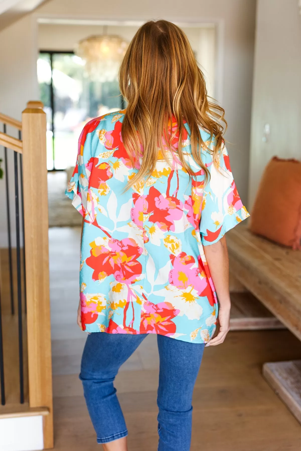 Aqua & Coral Floral V Neck Woven Top