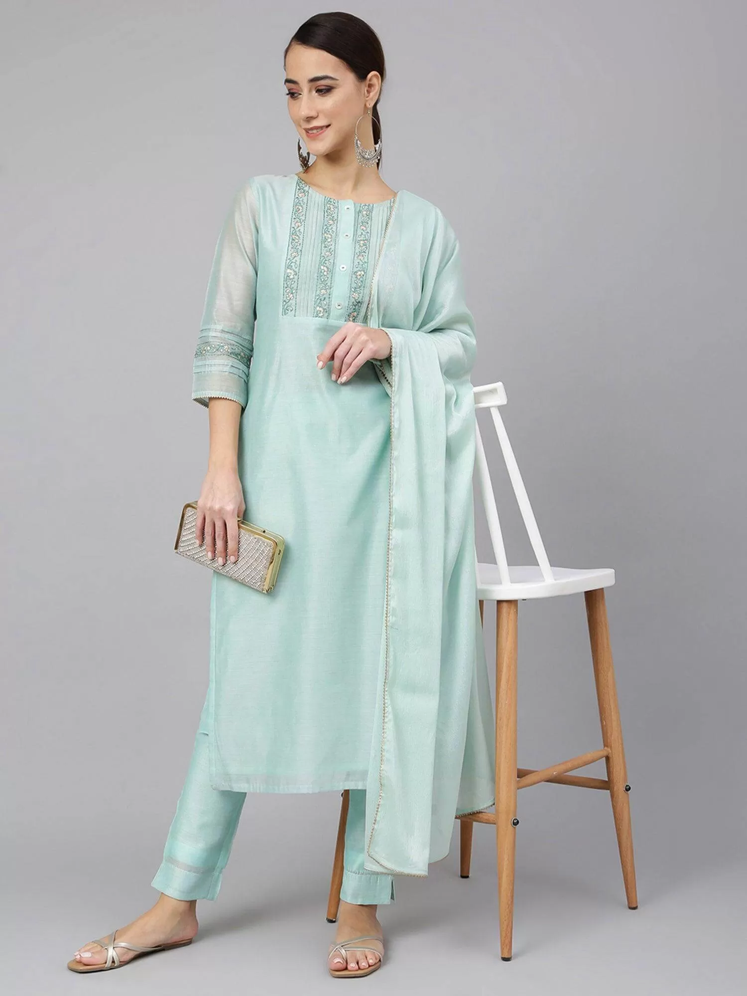 Aqua Chanderi Silk Solid Kurta with Pant and Dupatta