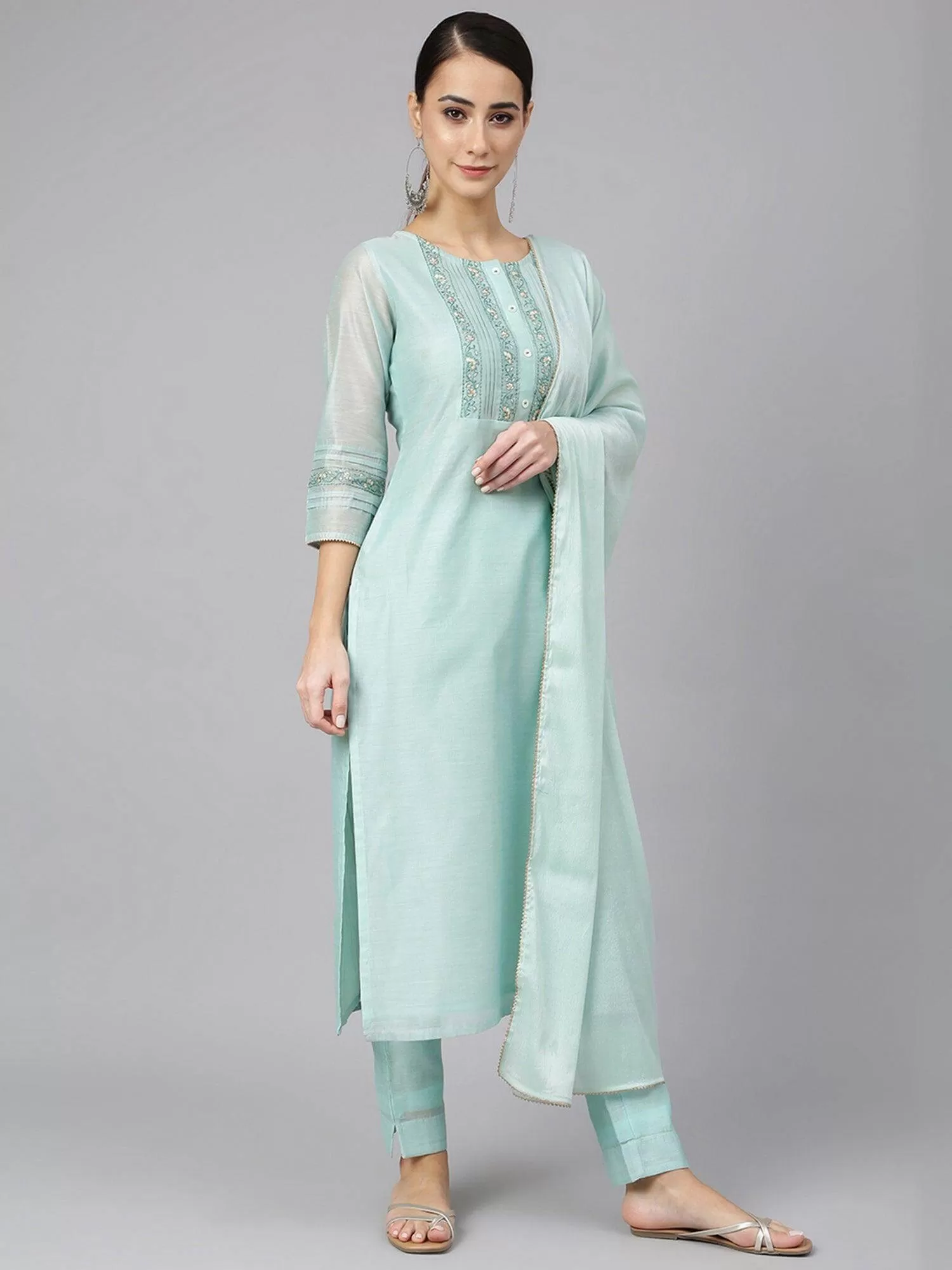 Aqua Chanderi Silk Solid Kurta with Pant and Dupatta