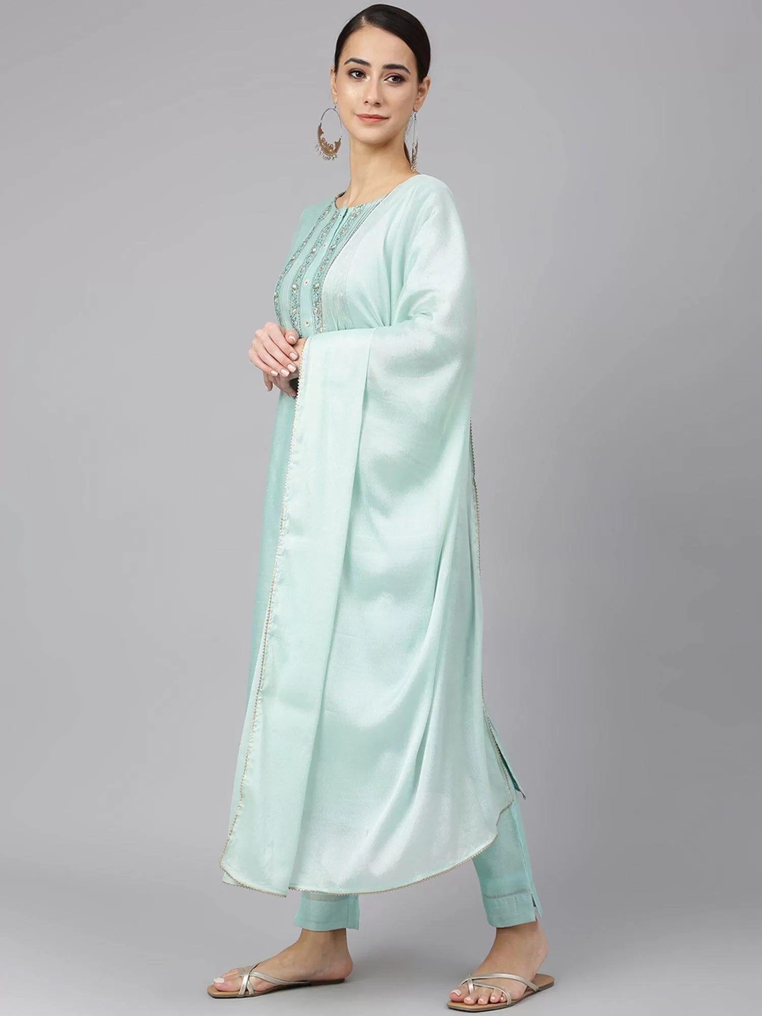 Aqua Chanderi Silk Solid Kurta with Pant and Dupatta