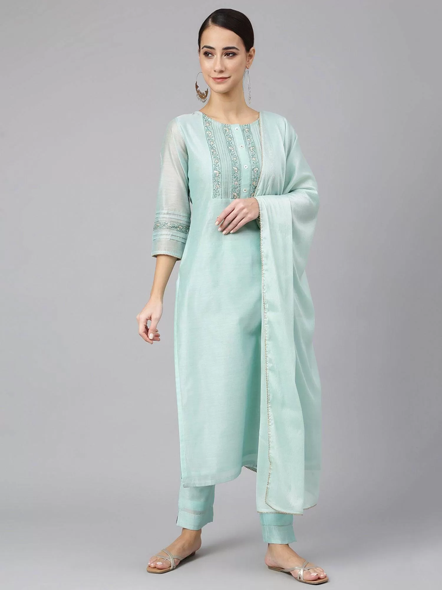 Aqua Chanderi Silk Solid Kurta with Pant and Dupatta