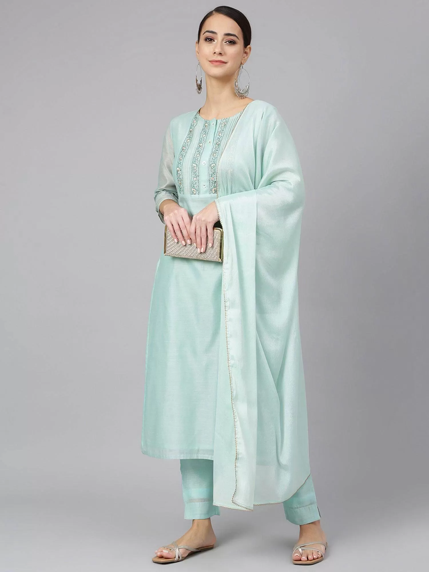 Aqua Chanderi Silk Solid Kurta with Pant and Dupatta