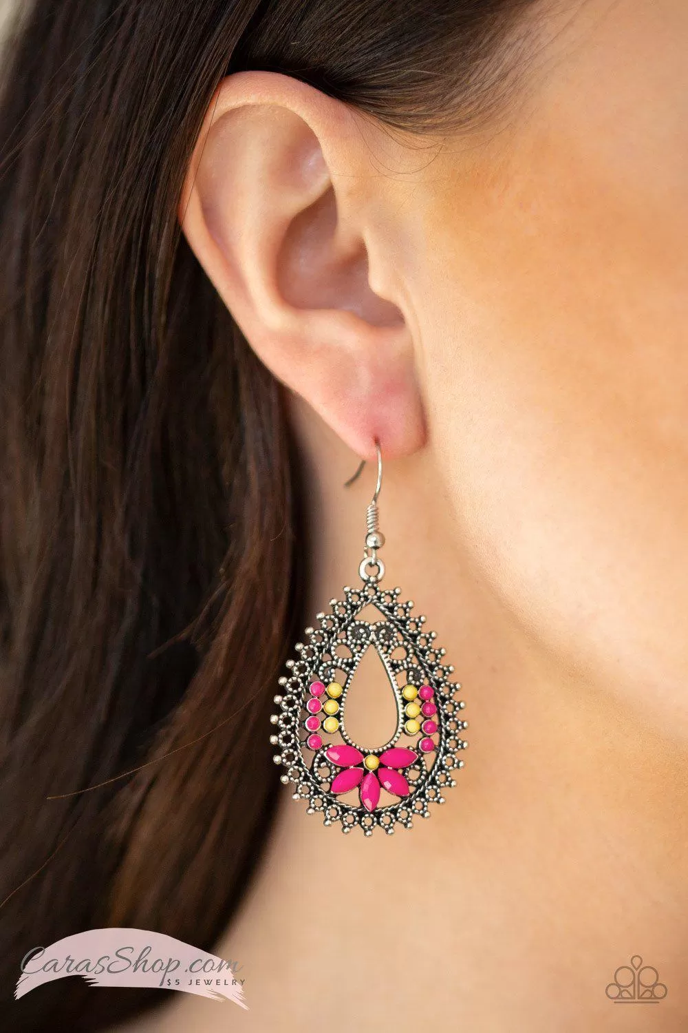 Atta-GALA - Pink and Yellow Bead Earrings - Paparazzi Accessories