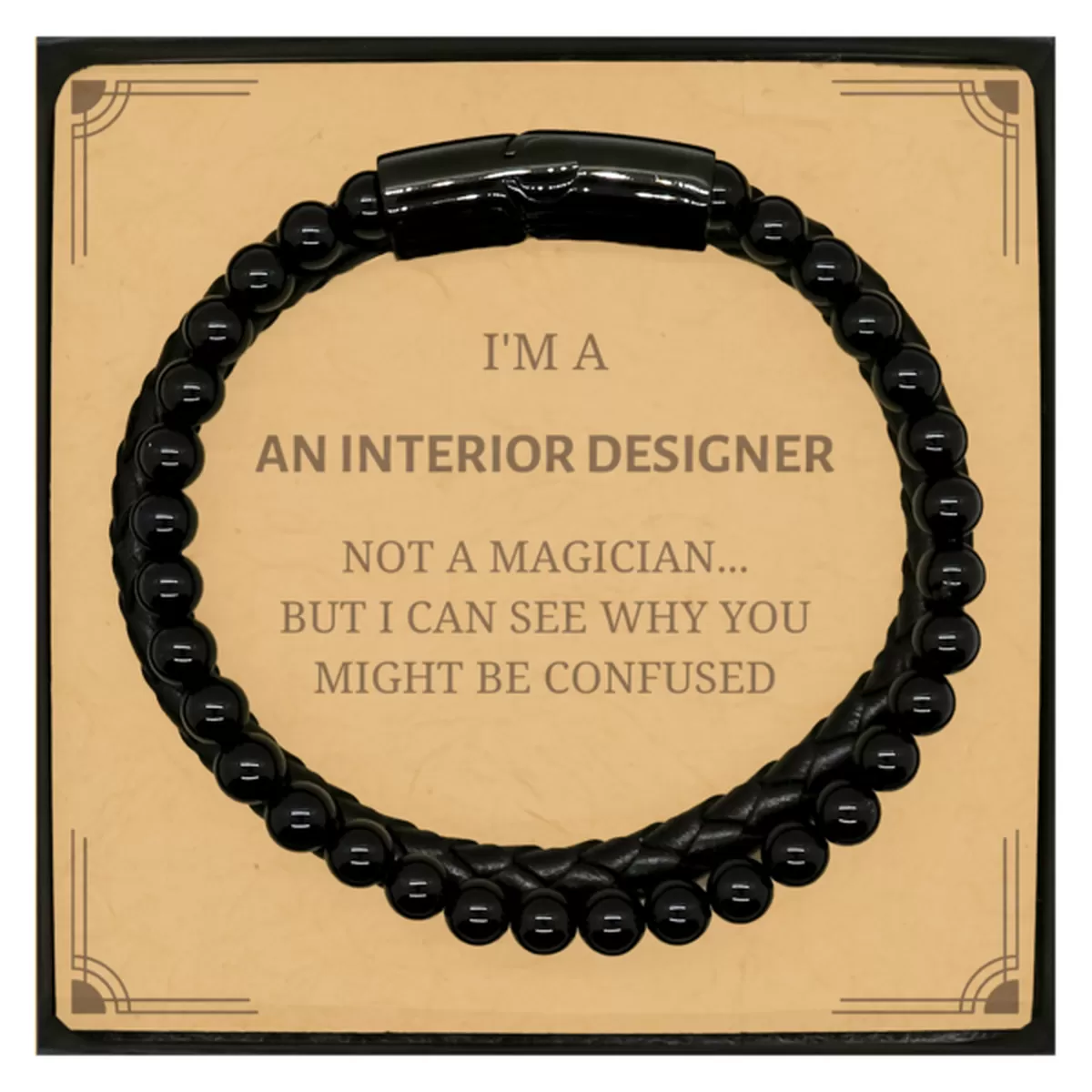 Badass Interior Designer Gifts, I'm Interior Designer not a magician, Sarcastic Stone Leather Bracelets for Interior Designer Birthday Christmas for  Men, Women, Friends, Coworkers