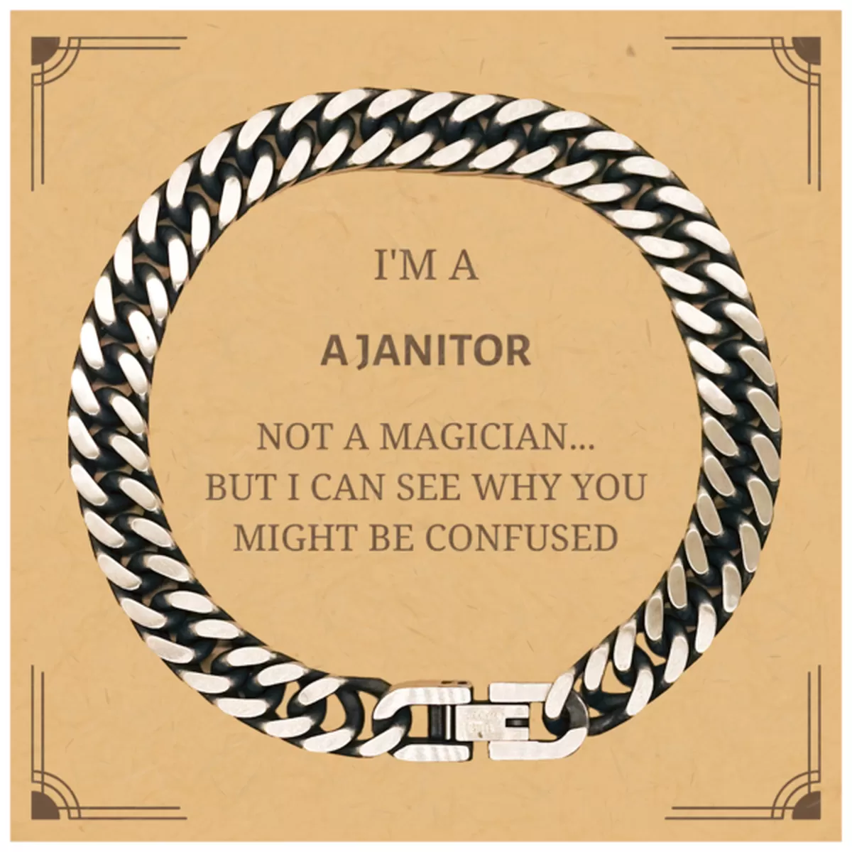 Badass Janitor Gifts, I'm Janitor not a magician, Sarcastic Cuban Link Chain Bracelet for Janitor Birthday Christmas for  Men, Women, Friends, Coworkers