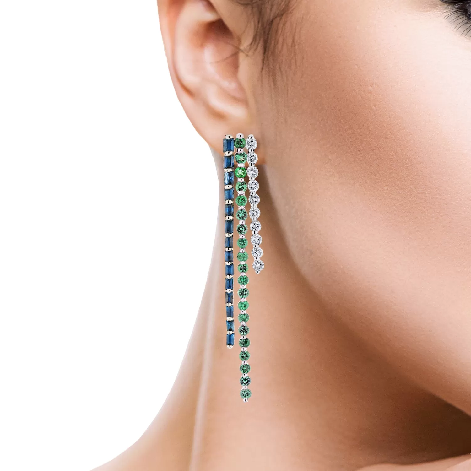 Baguette and Round Stick Earrings - Sapphire and Emerald