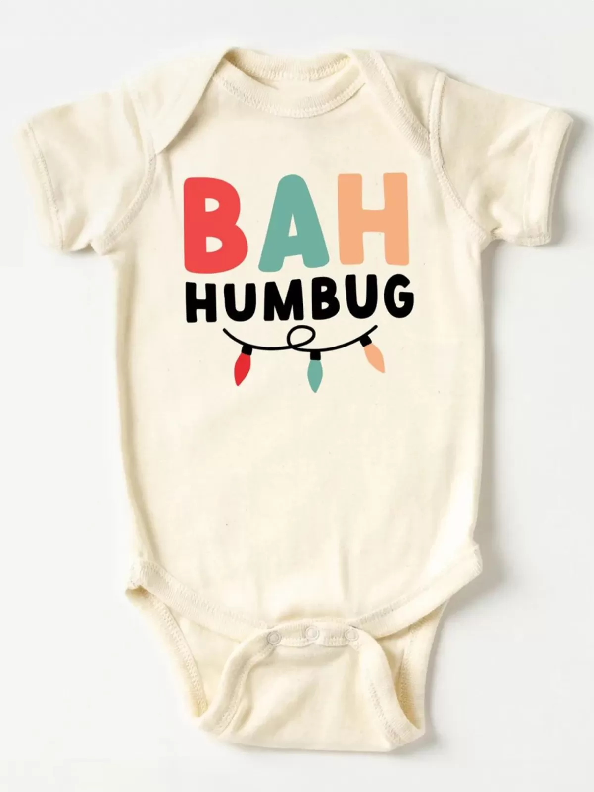 Bah Humbug Lights Short Sleeve Bodysuit, Cream