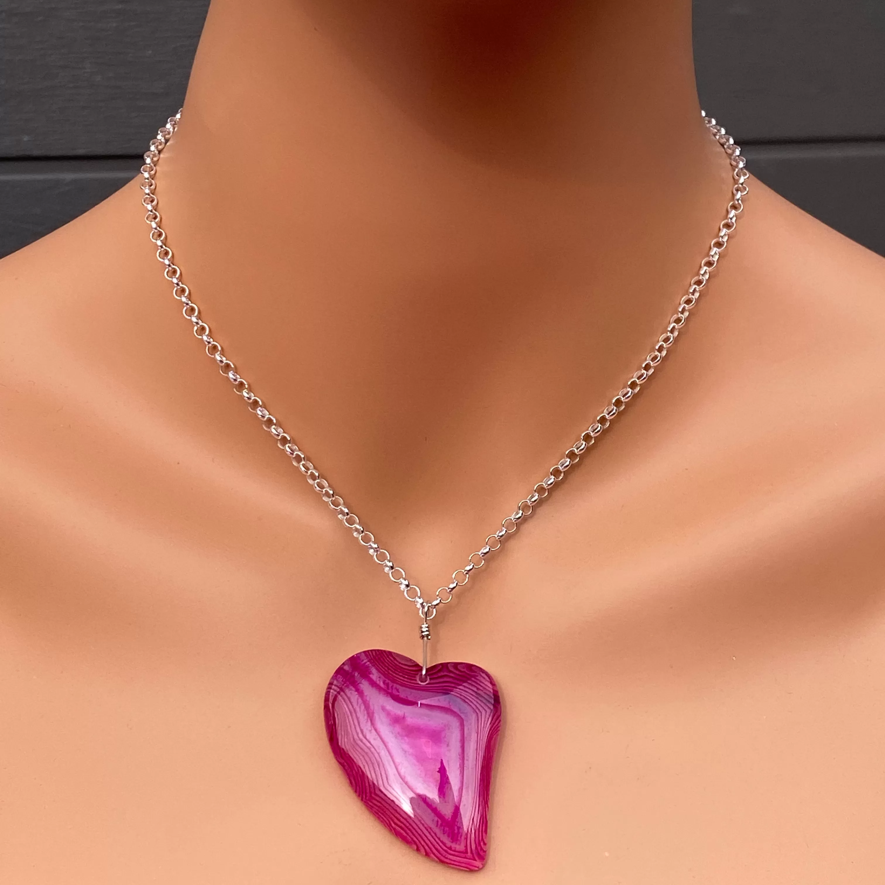 Banded Pink Agate gemstone Heart Necklace