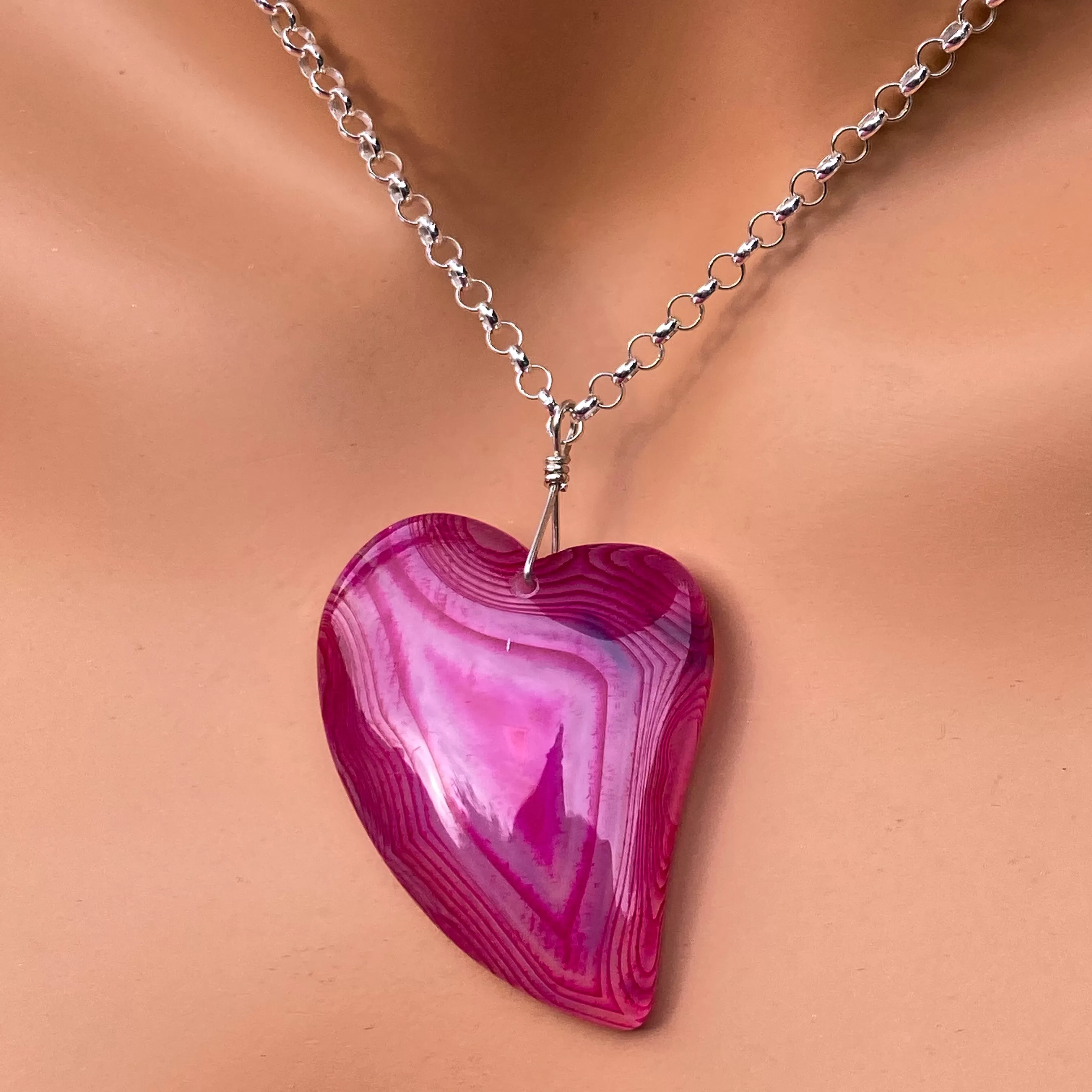 Banded Pink Agate gemstone Heart Necklace