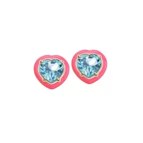 Bea Bongiasca - Candy Heart Stud Earrings with Blue Topaz and Hot Pink Enamel, Yellow Gold and Silver