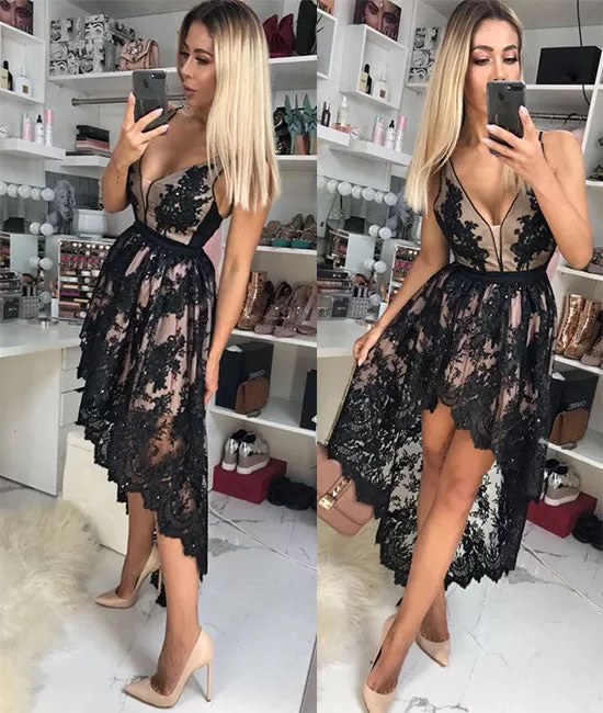 Black v neck lace high low prom dress, black homecoming dress