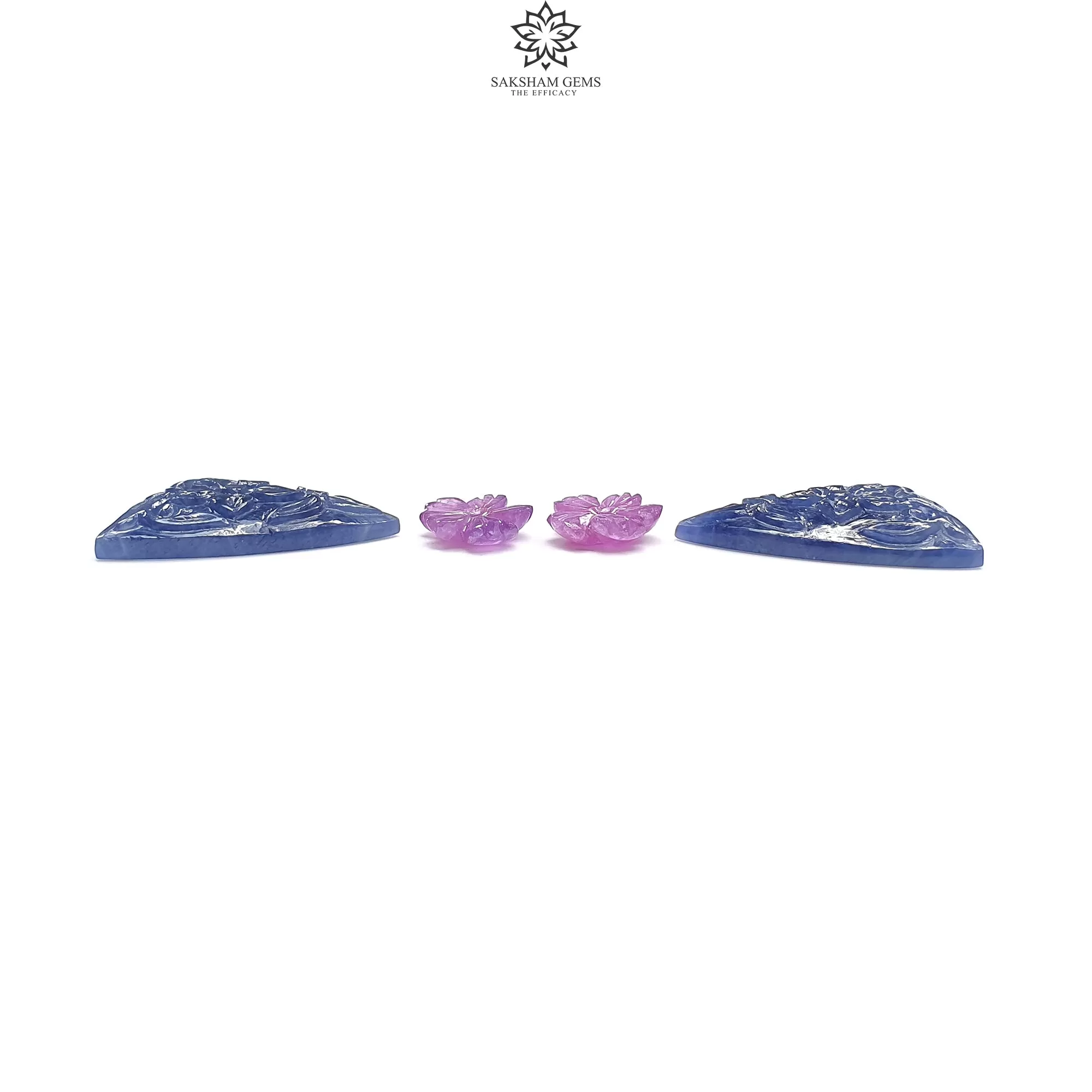 Blue & Pink Sapphire Gemstone Carving : 55.60cts Natural Untreated Sapphire Triangle And Round Flower Shape 11mm - 26.5*20.5mm 4pcs Sets