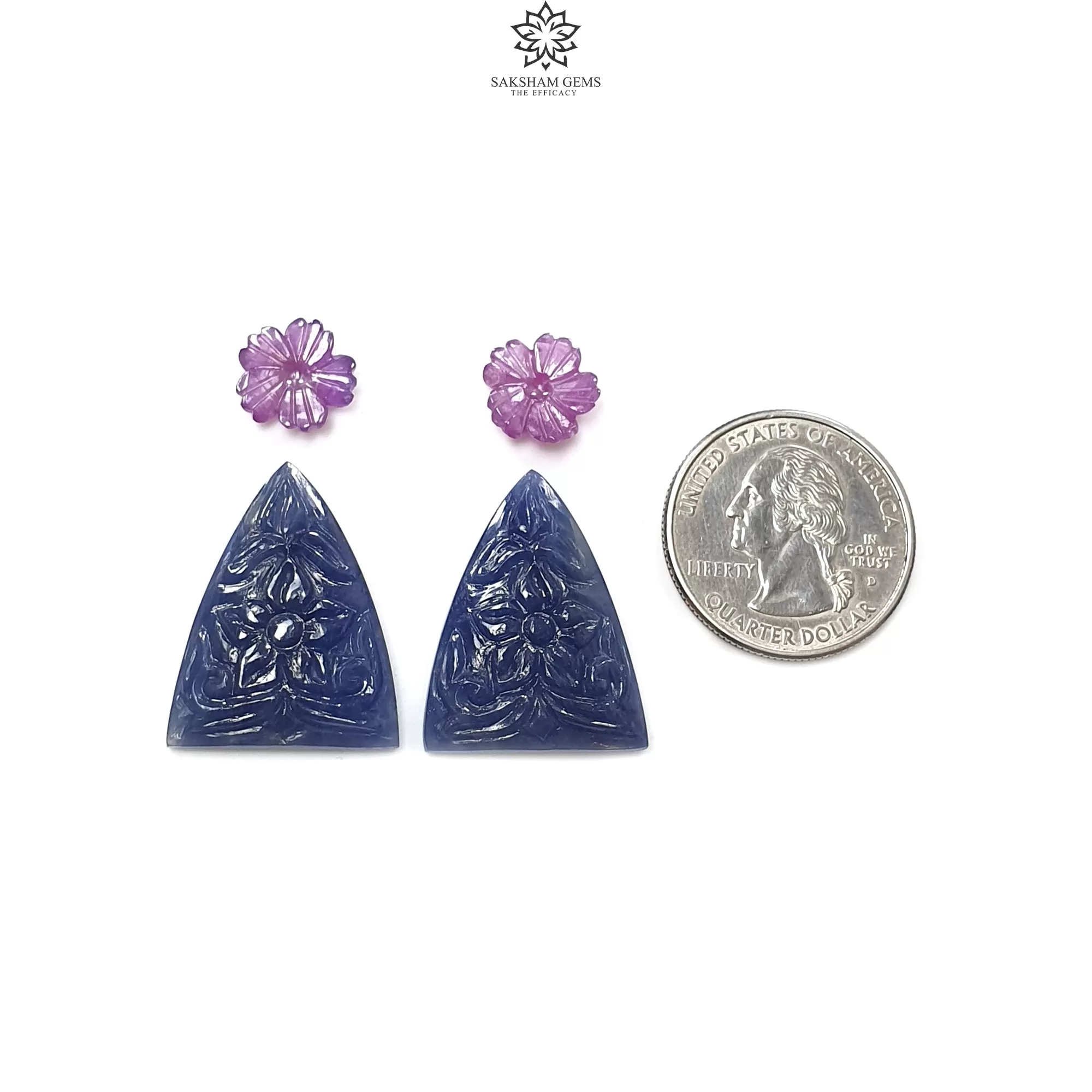 Blue & Pink Sapphire Gemstone Carving : 55.60cts Natural Untreated Sapphire Triangle And Round Flower Shape 11mm - 26.5*20.5mm 4pcs Sets