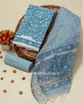 Blue Jaal Print Cotton Suit Set with Kota Doria Dupatta (RKD146)