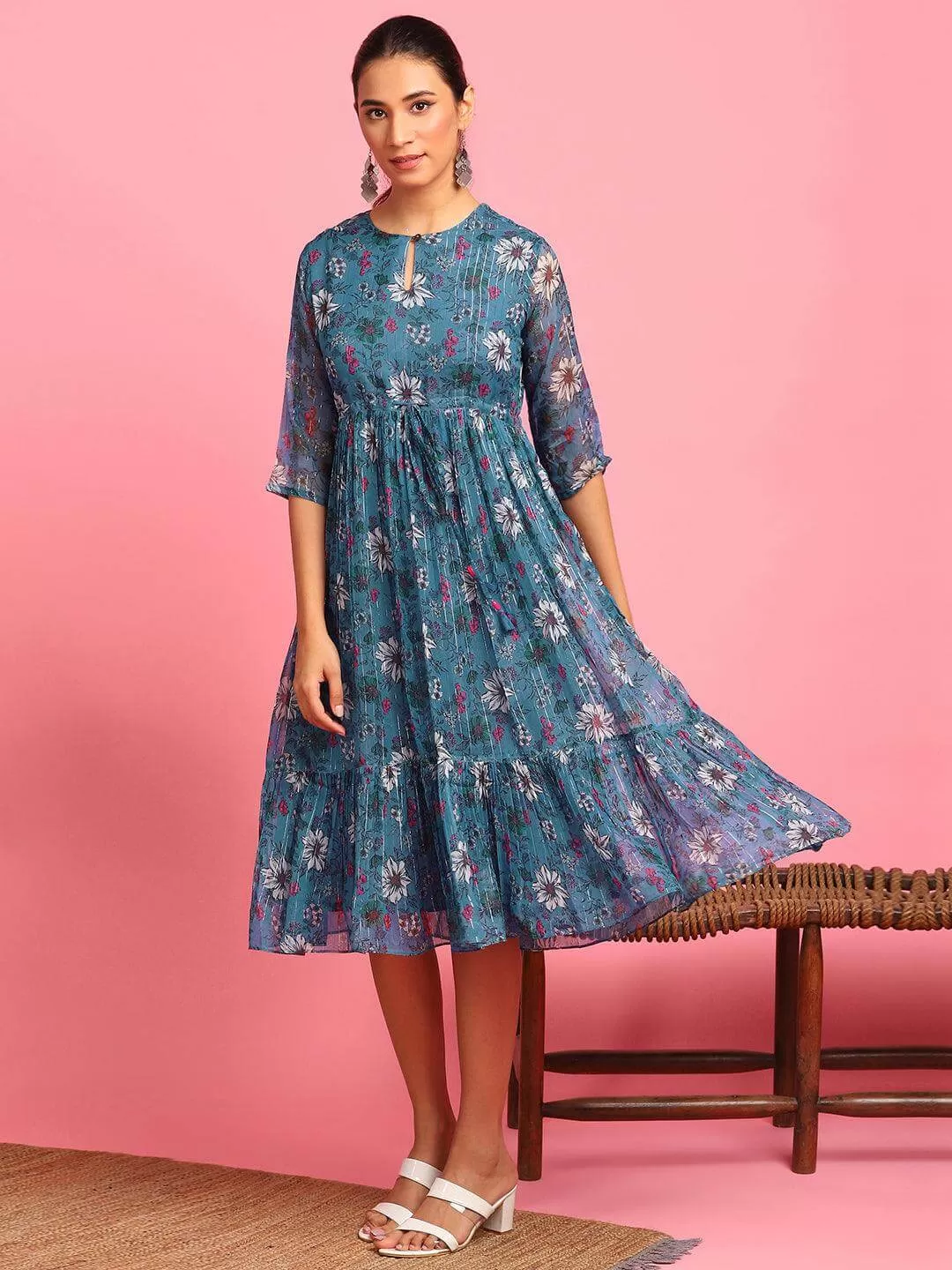 Blue Poly Georgette Floral Flared Western Dress