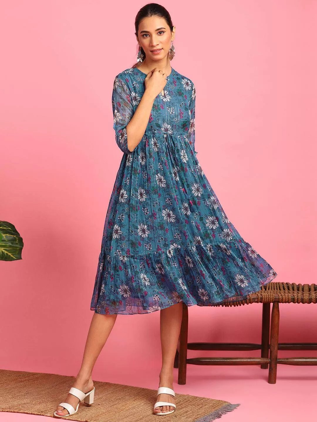 Blue Poly Georgette Floral Flared Western Dress