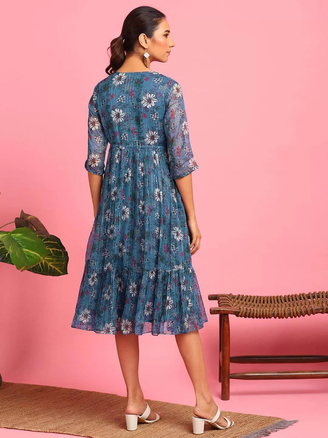 Blue Poly Georgette Floral Flared Western Dress