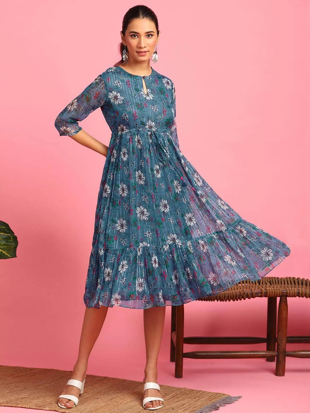 Blue Poly Georgette Floral Flared Western Dress