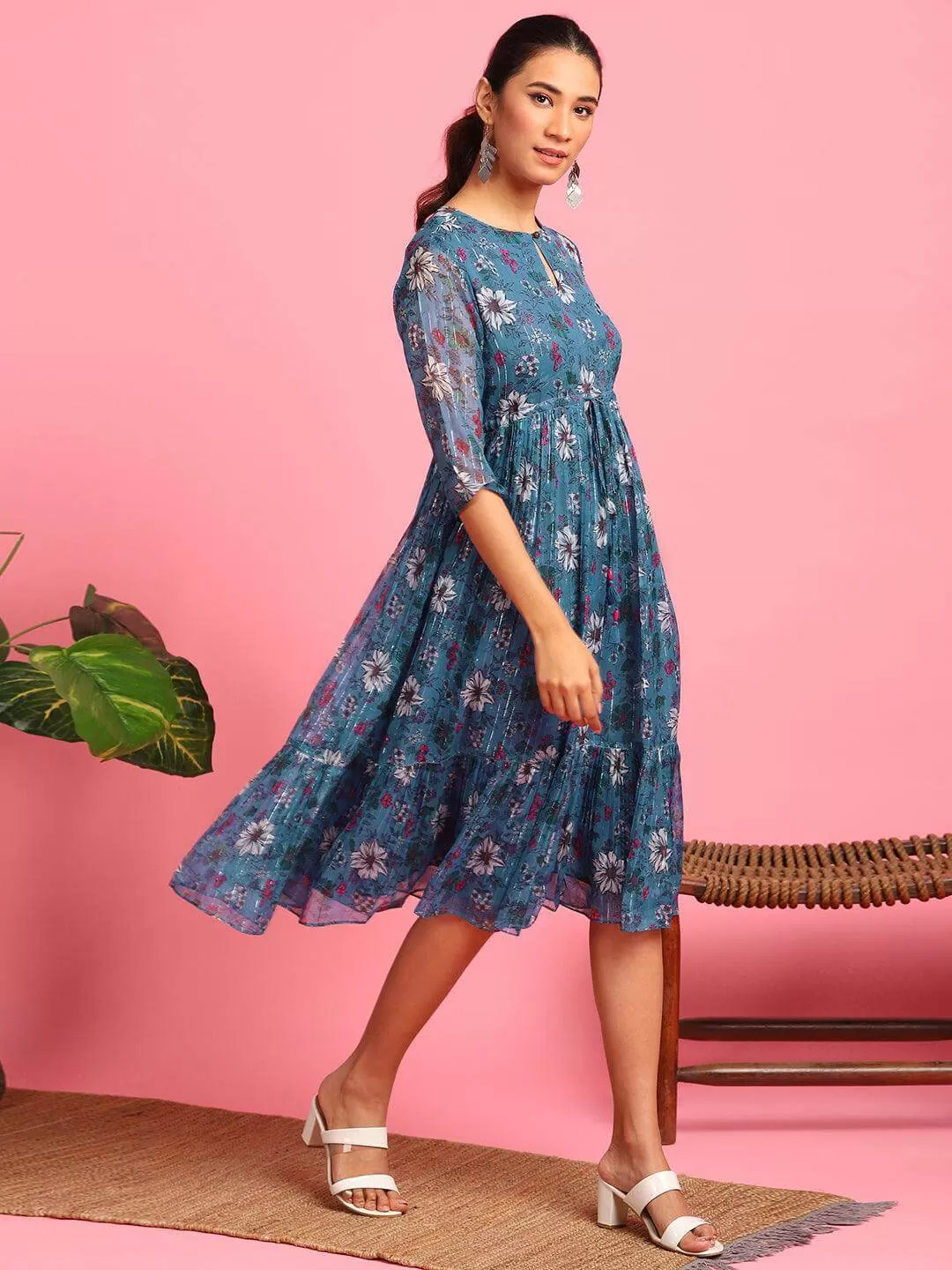 Blue Poly Georgette Floral Flared Western Dress