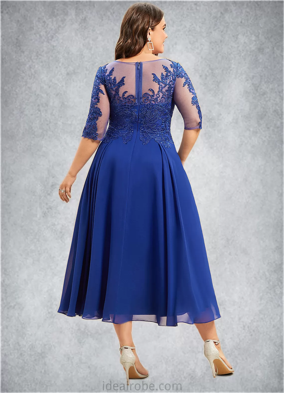 Cassidy A-Line Scoop Neck Tea-Length Chiffon Lace Mother of the Bride Dress With Sequins STK126P0014565