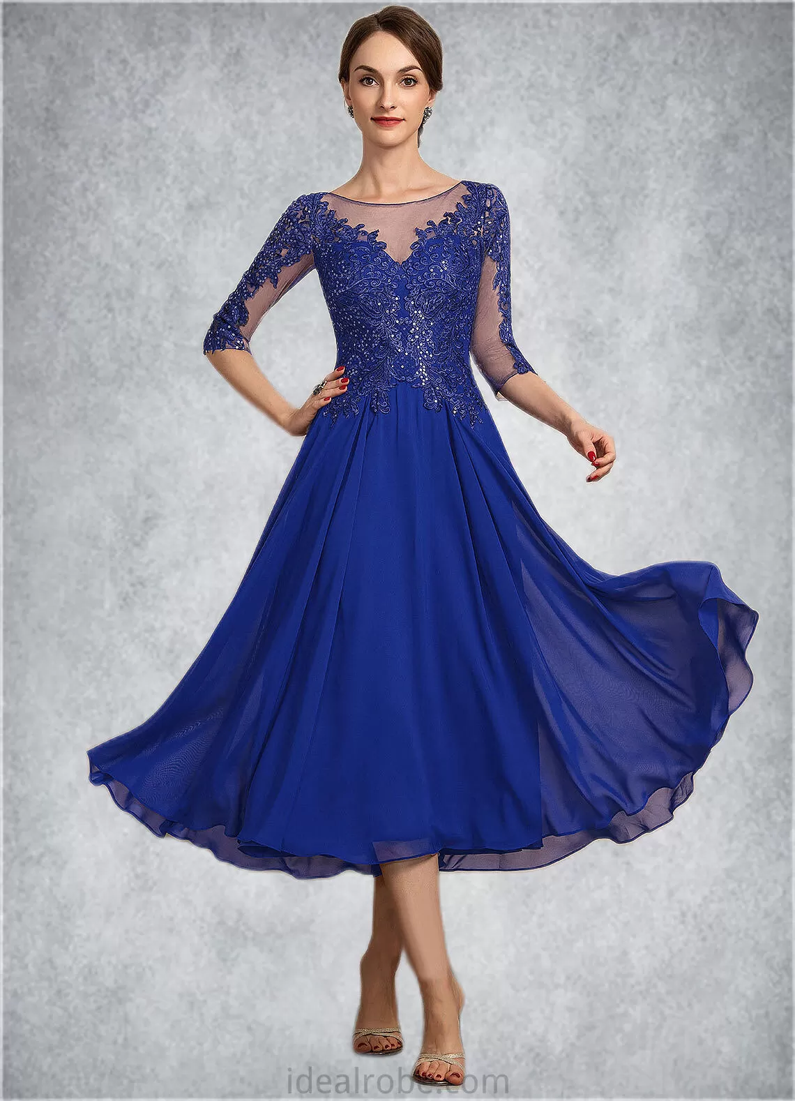 Cassidy A-Line Scoop Neck Tea-Length Chiffon Lace Mother of the Bride Dress With Sequins STK126P0014565