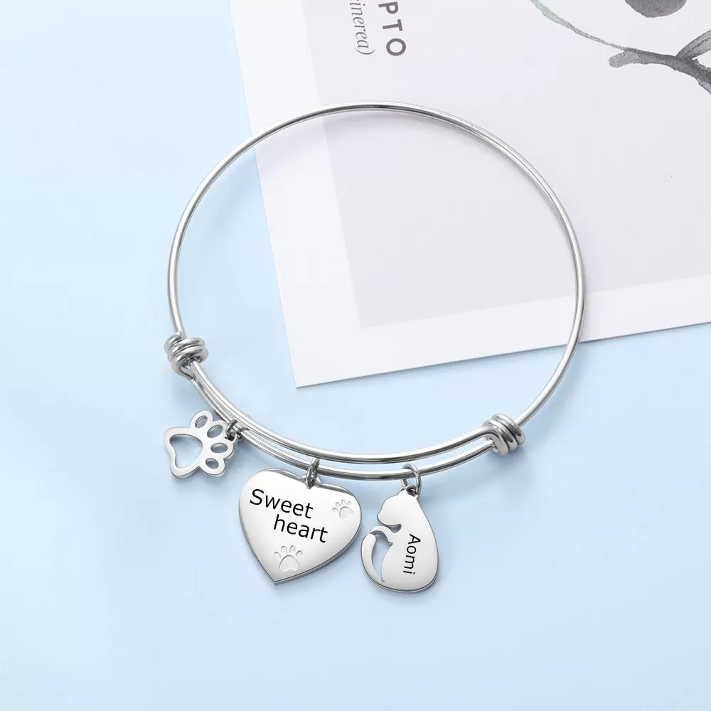 Custom Engraved Name and Text Bangles & Bracelets with Paw Bone Personalized Cute Cat Dog Charms Cuff Bangles for Women