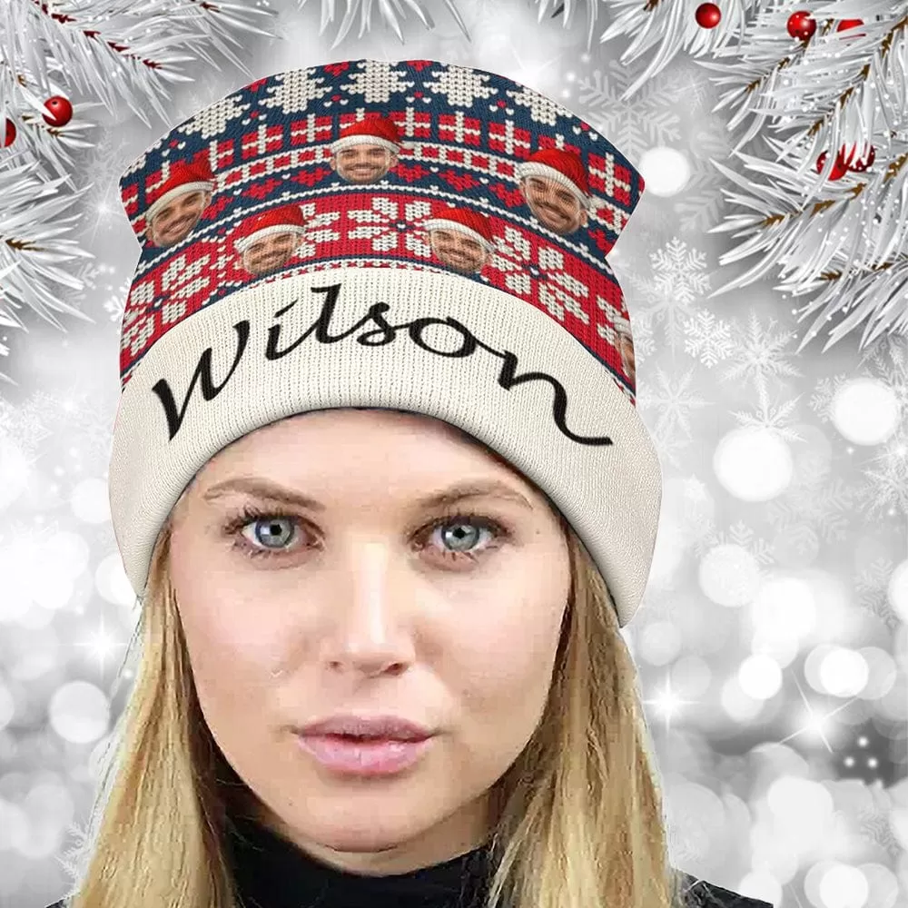 Custom Face&Name Snowflake Christmas Pattern Unisex All Over Printed Knitted Hat