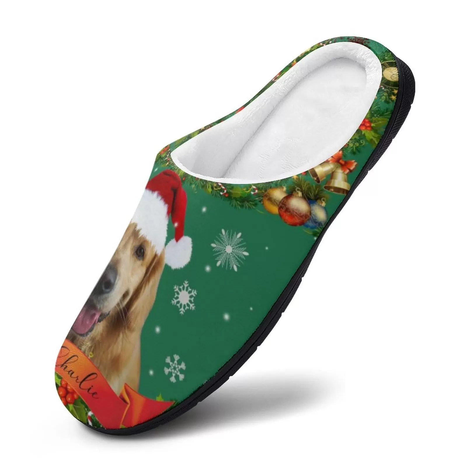 Custom Pet's Photo  & Name Christmas Hat All Over Print Cotton Slippers For Men Women