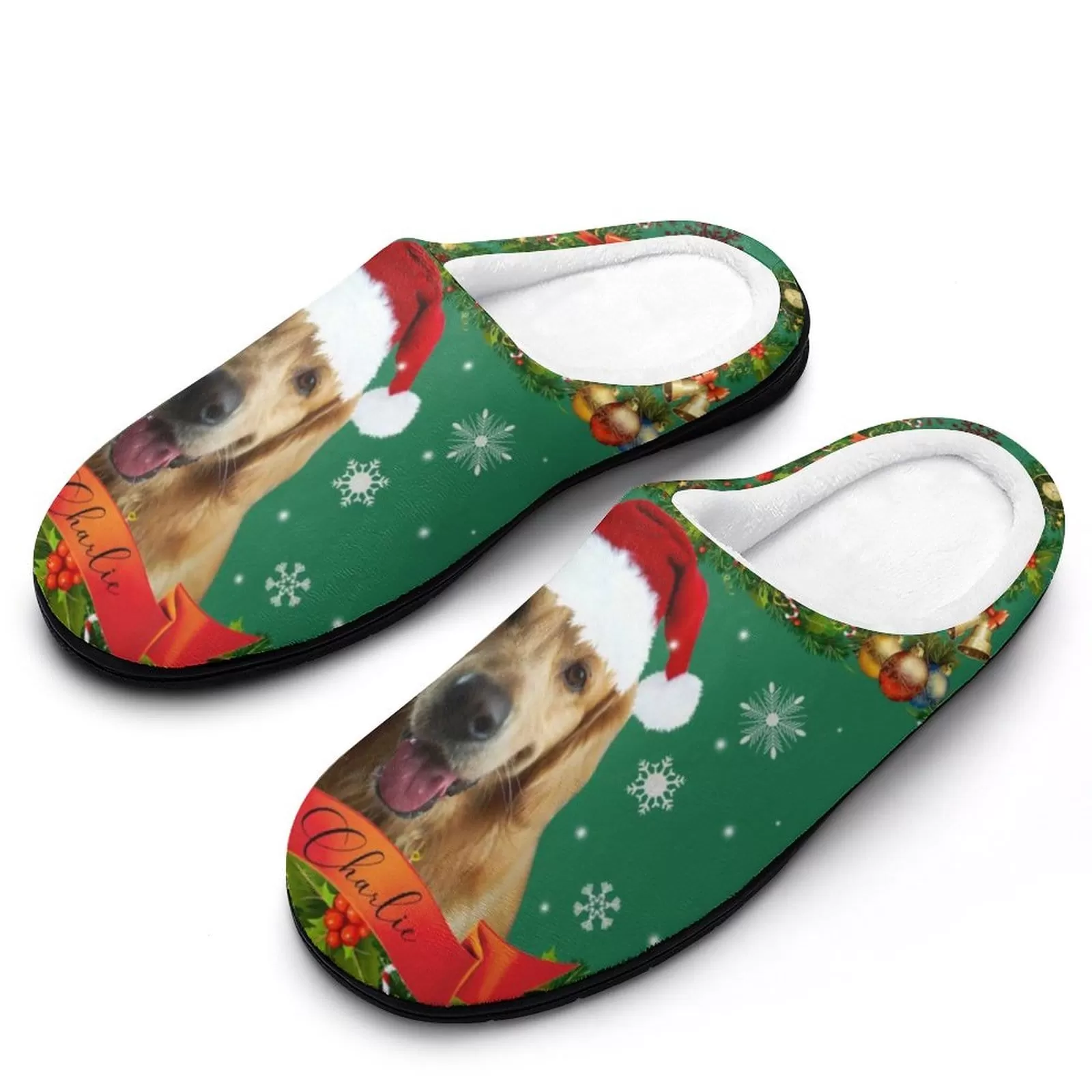 Custom Pet's Photo  & Name Christmas Hat All Over Print Cotton Slippers For Men Women