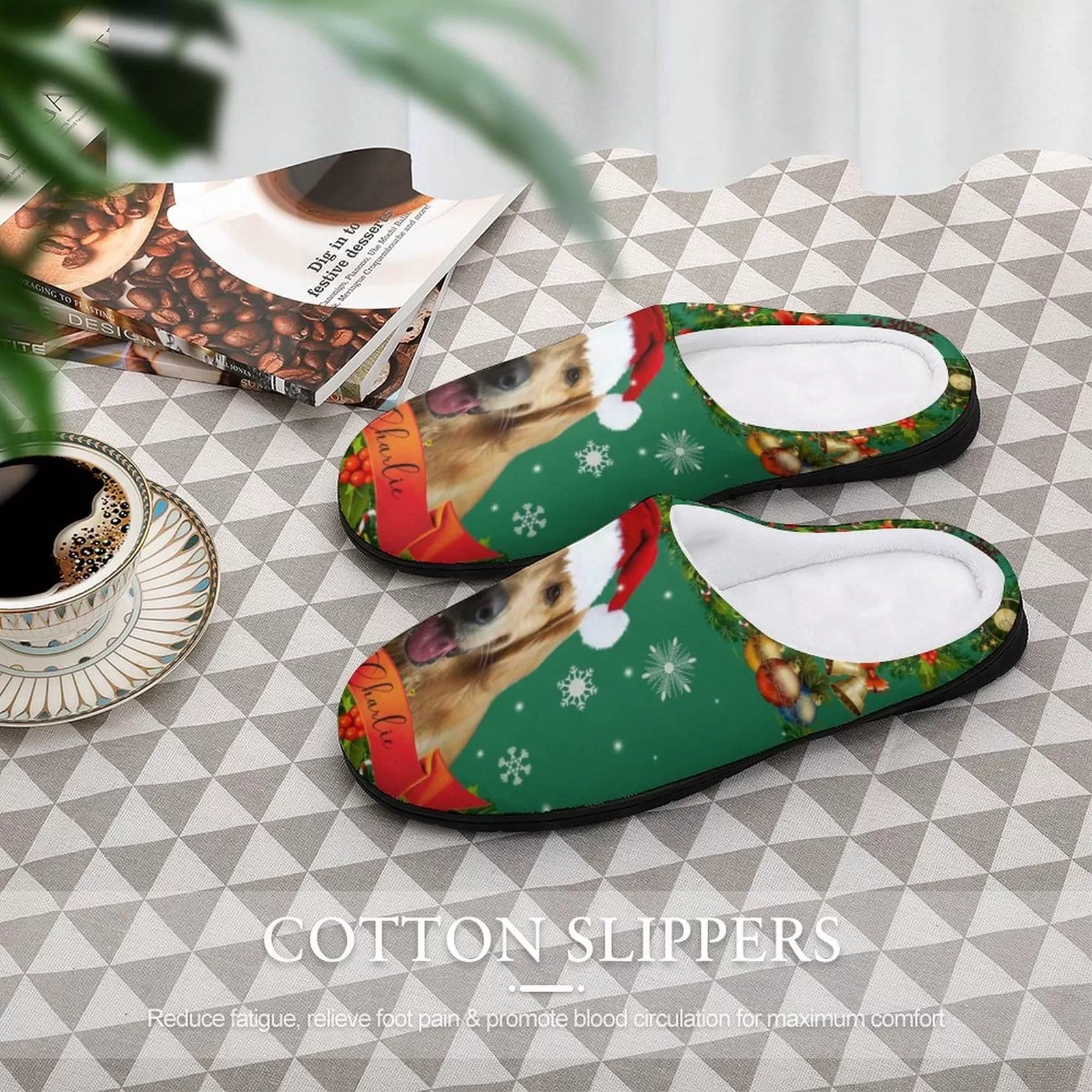 Custom Pet's Photo  & Name Christmas Hat All Over Print Cotton Slippers For Men Women