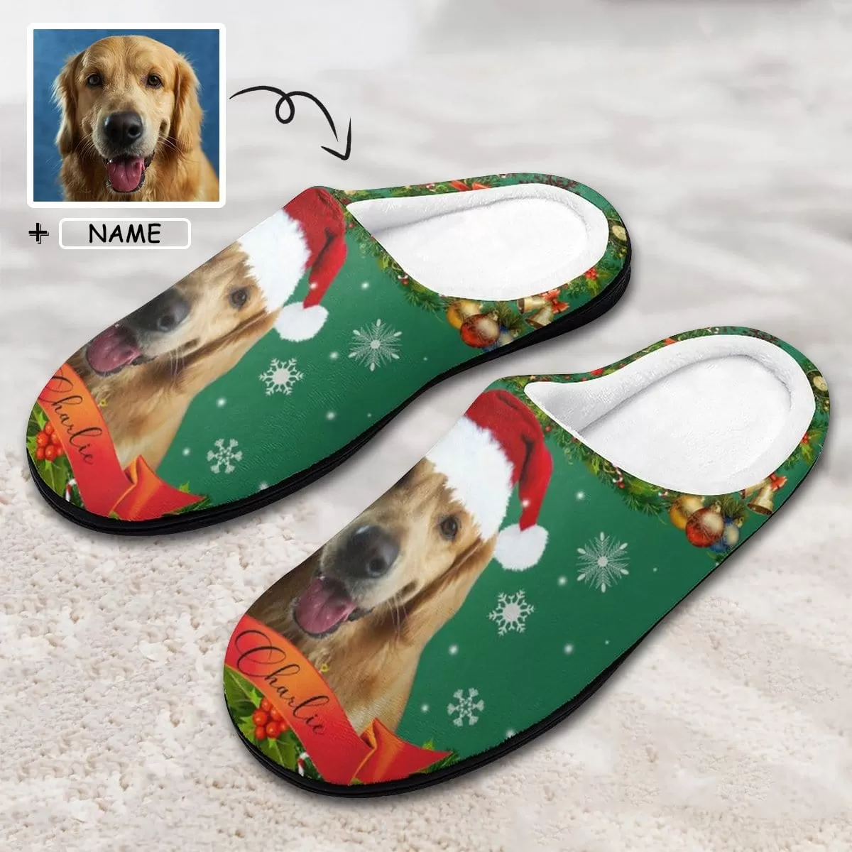 Custom Pet's Photo  & Name Christmas Hat All Over Print Cotton Slippers For Men Women