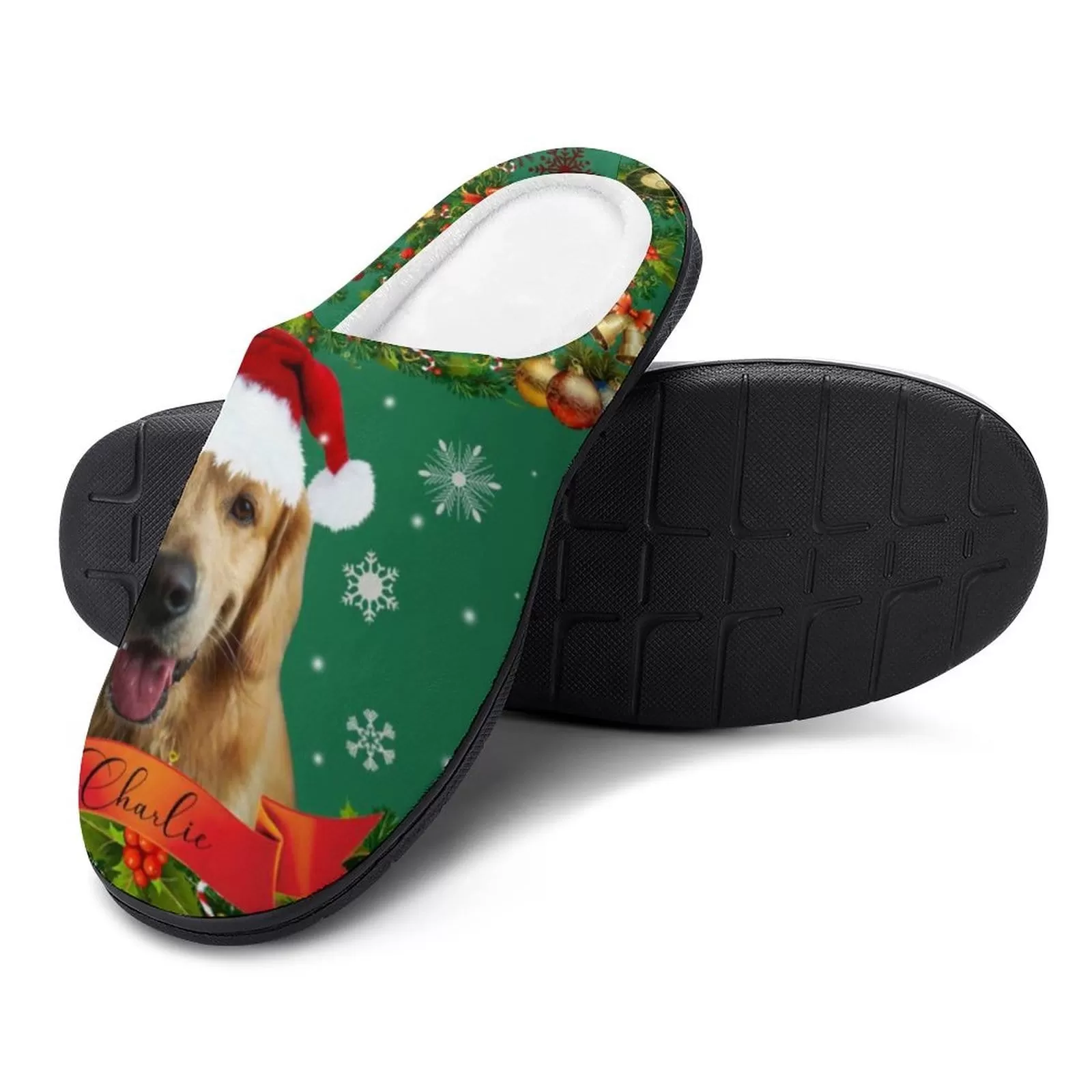 Custom Pet's Photo  & Name Christmas Hat All Over Print Cotton Slippers For Men Women