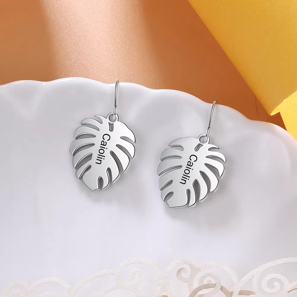 Customized Engraved Leaf Earrings For Women